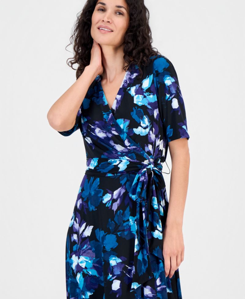 Women's Elbow-Sleeve Wrap-Front Fit & Flare Dress