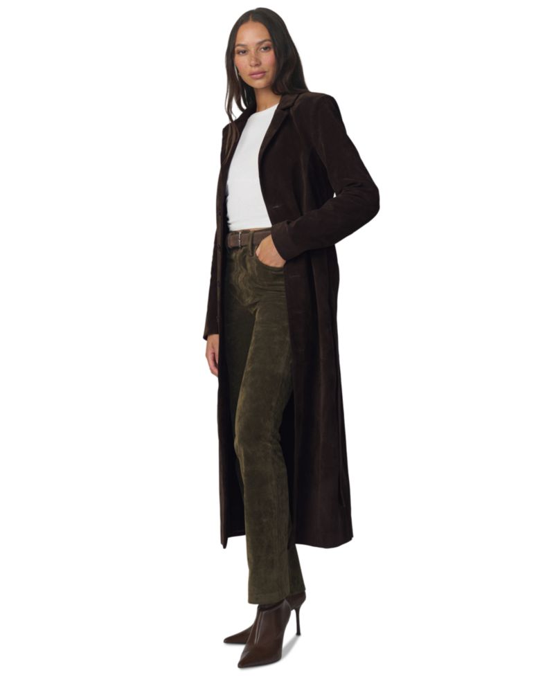 Women's Collared Belted Faux-Suede Long Coat