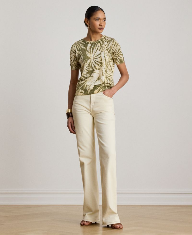 Petite Palm Frond Print Short-Sleeve Sweater