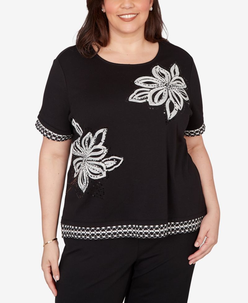 Plus Size Crowd Pleaser Flower Sequin Lace Border Top