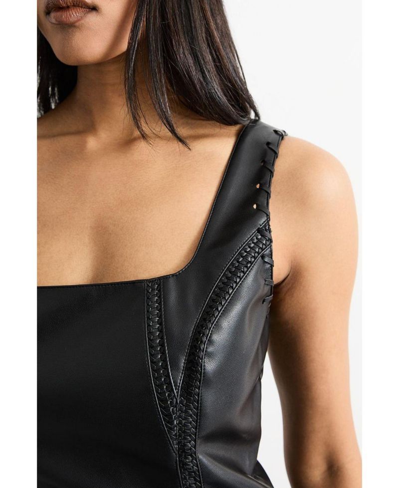 Women's Faux Leather Whipstitch Trim Midi Dress