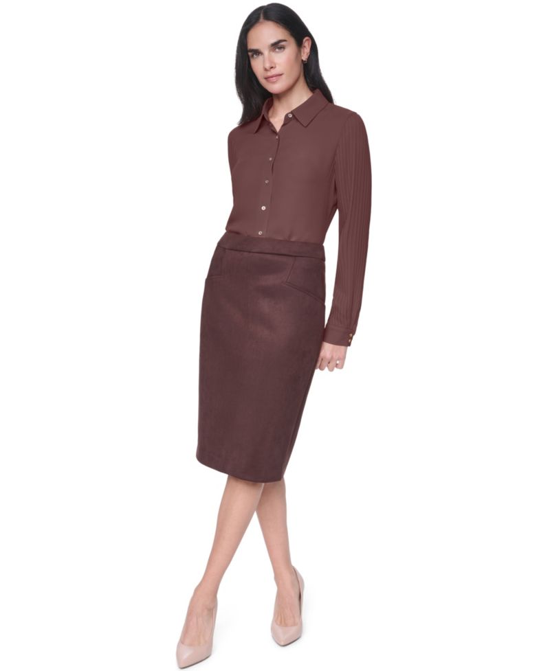 Women's Long-Sleeve Button-Front Pleated-Sleeve Blouse