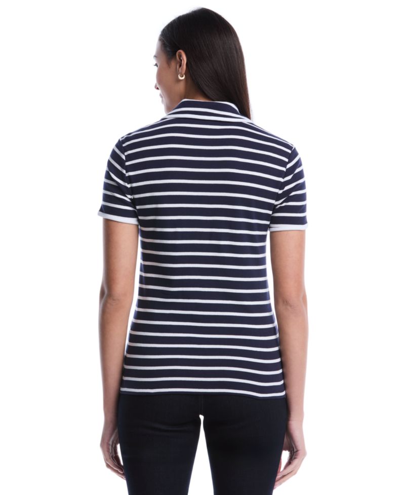 Petite Striped Contrast Trim Johnny Collar Short-Sleeve Polo Shirt