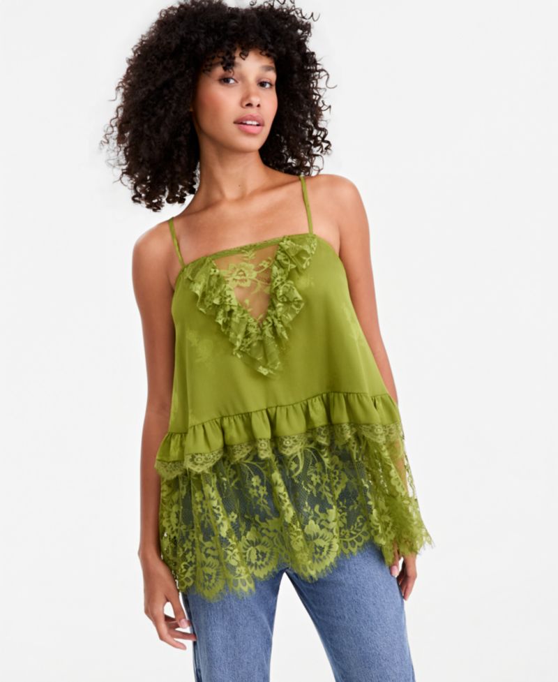 Plus Size Lace Trim Long Ruffle-Trim Camisole