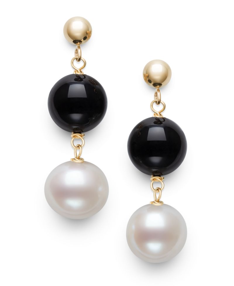 Freshwater Pearl (7.5-8.5mm), Black Onyx and Gold Bead Earrings in 10k Yellow Gold