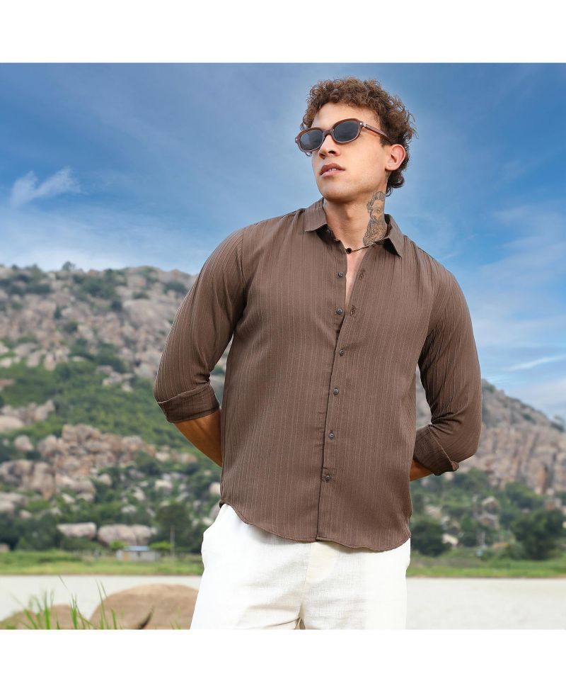 Men's Mocha Brown Self-Design Striped Shirt