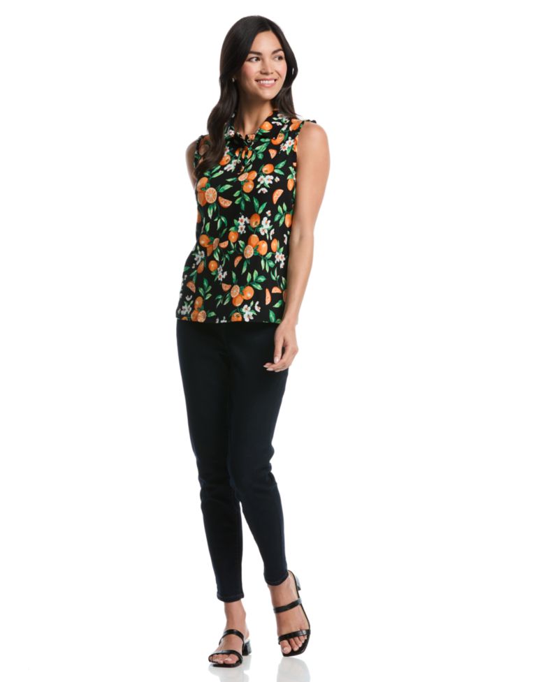 Petite Orange Print Ruffle-Trim Sleeveless Polo Shirt