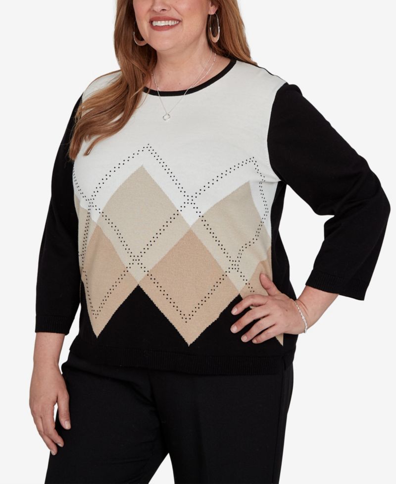 Plus Size Argyle Beaded 3/4-Sleeve Cotton-Blend Sweater