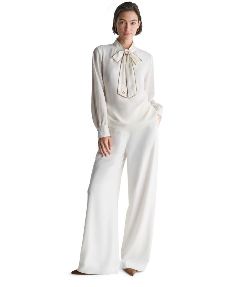 Women's Tie-Neck Embroidered Back-Keyhole Blouse