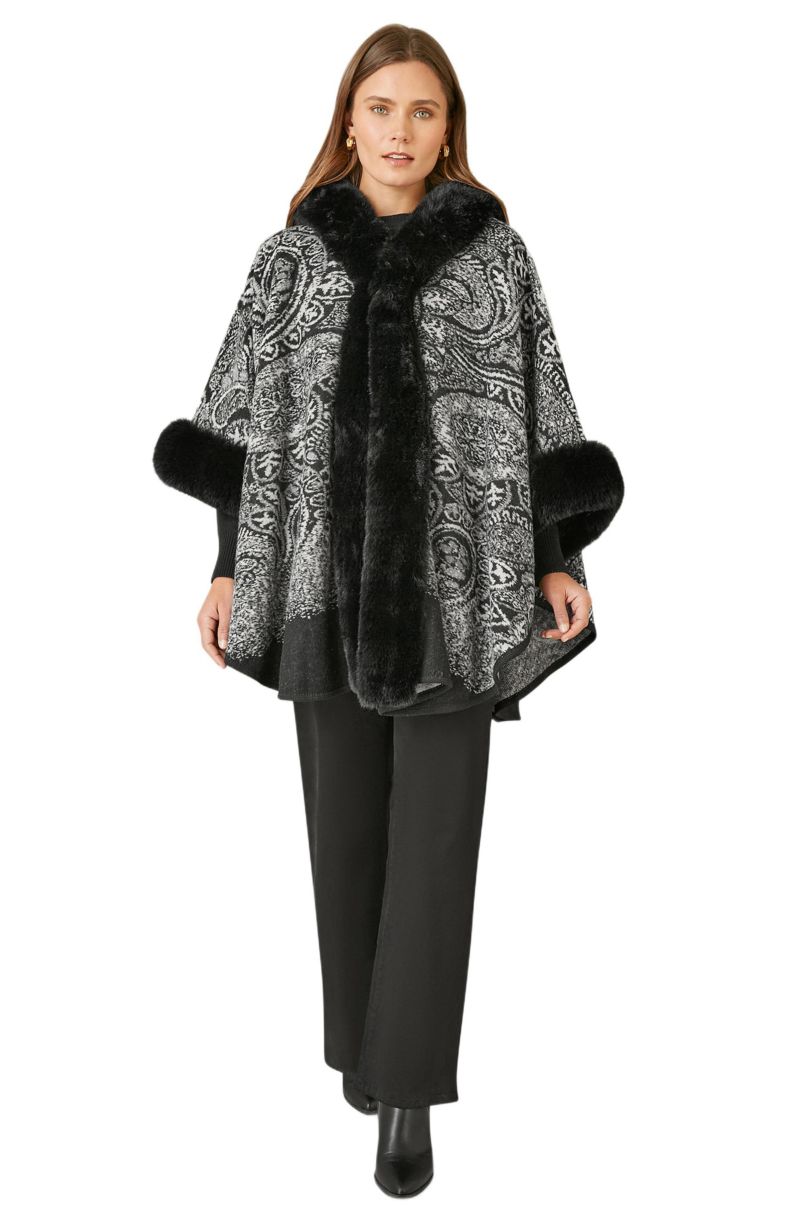 Women's Paisley Print Faux Fur Trim Cape
