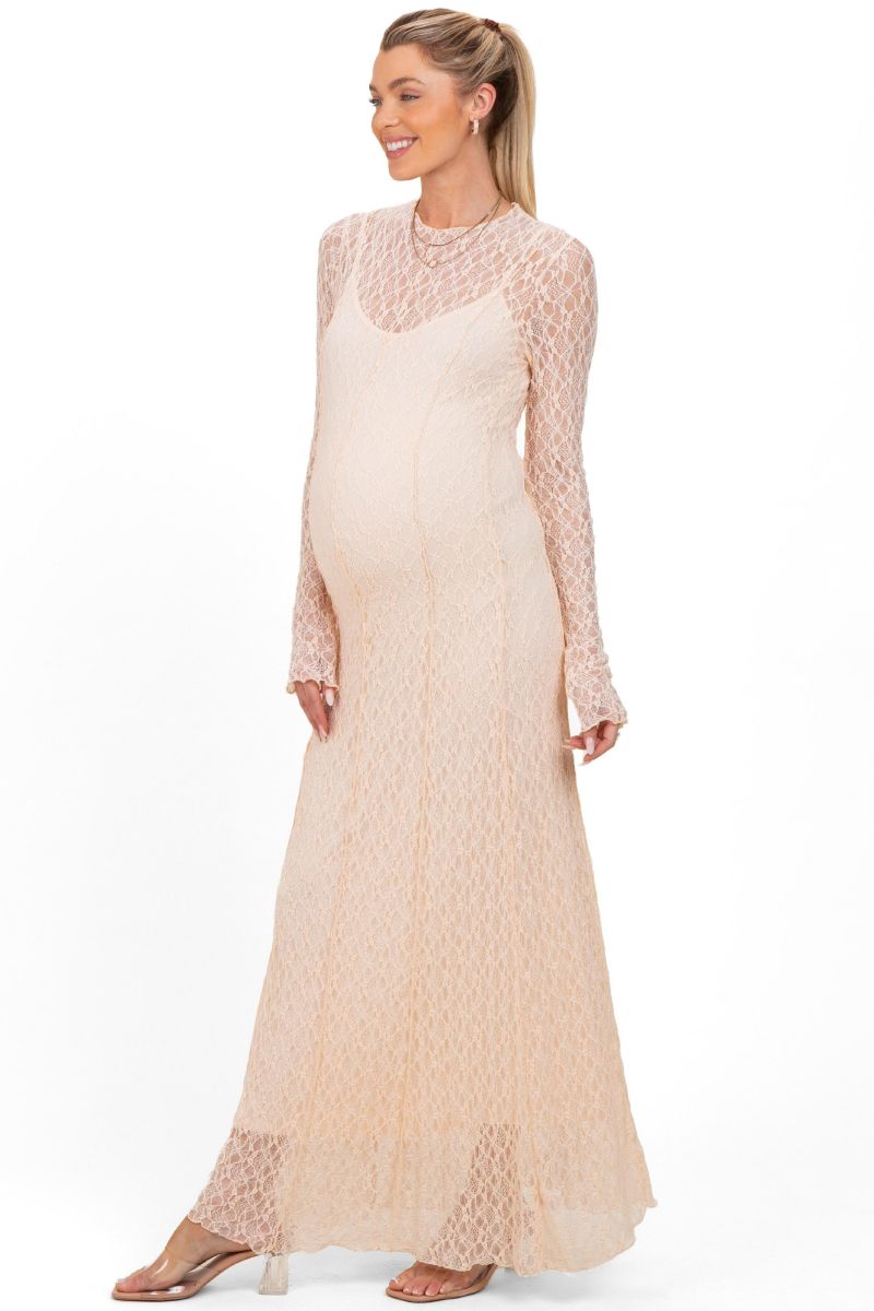 Women's Beige Lace Mock Neck Long Sleeve Maxi Dress