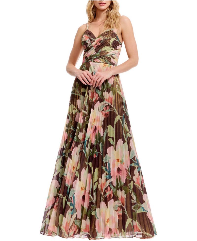 Women's Floral Pleated V-Neck Gown