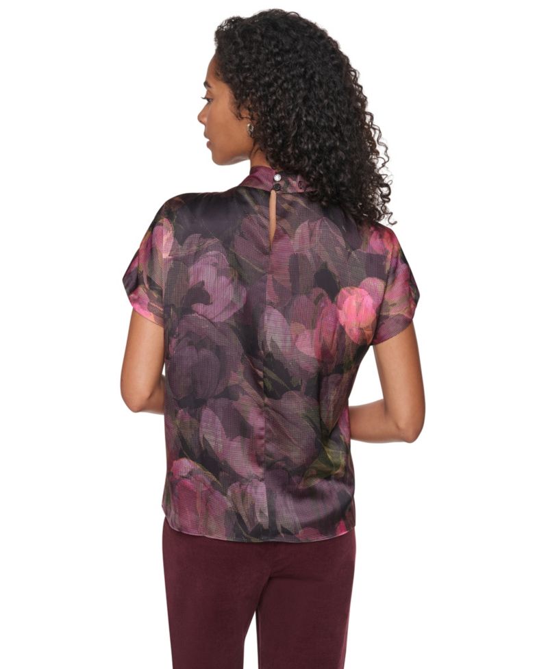 Women's Floral-Print Mock Neck Short-Sleeve Blouse