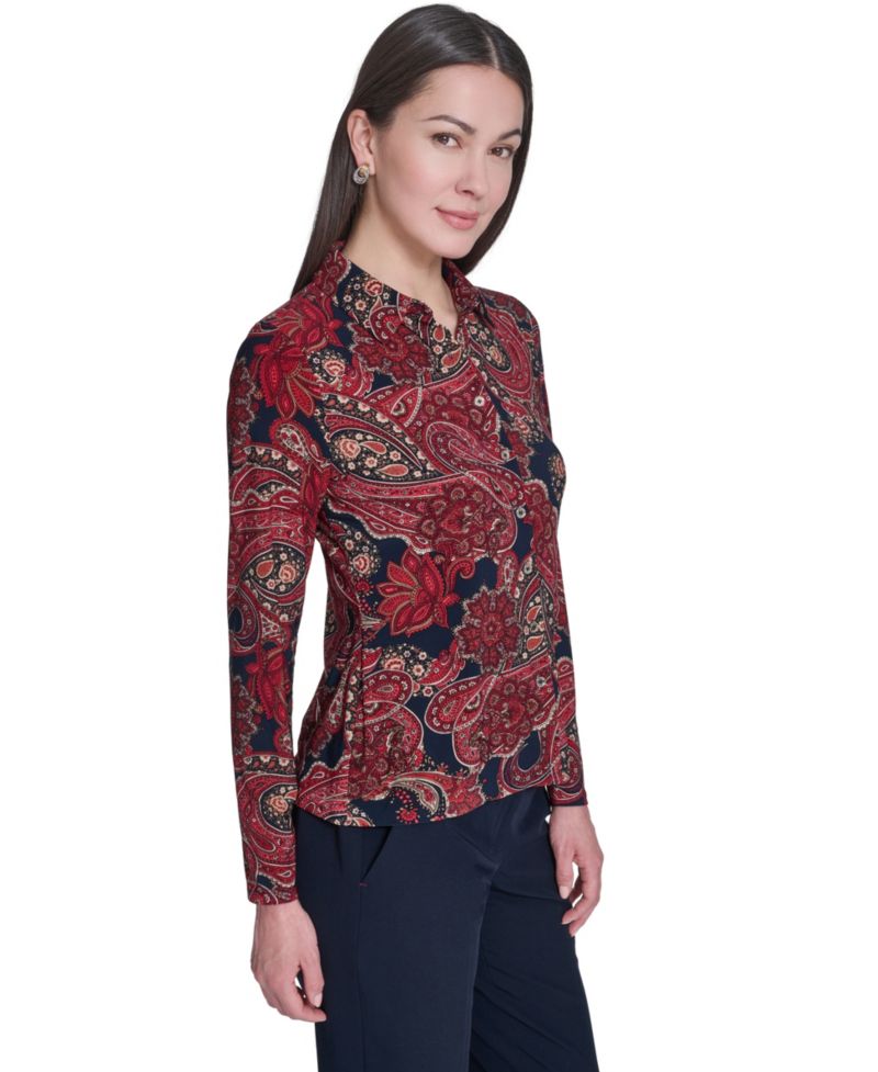 Women's Long-Sleeve Paisley Print Collared Top