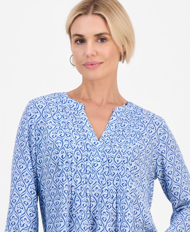 Petite Printed Pintuck Bell-Sleeve Top