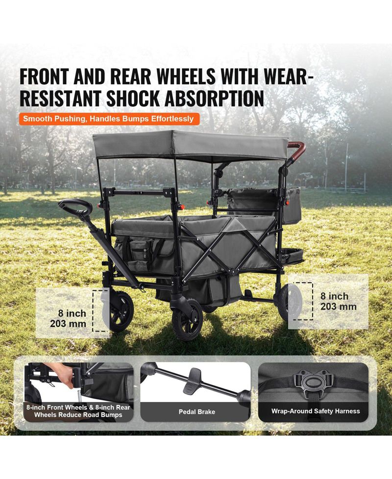 SUGFIT Wagon Stroller for 2 Kids Folding Push-Pull Stroller with Canopy Grey