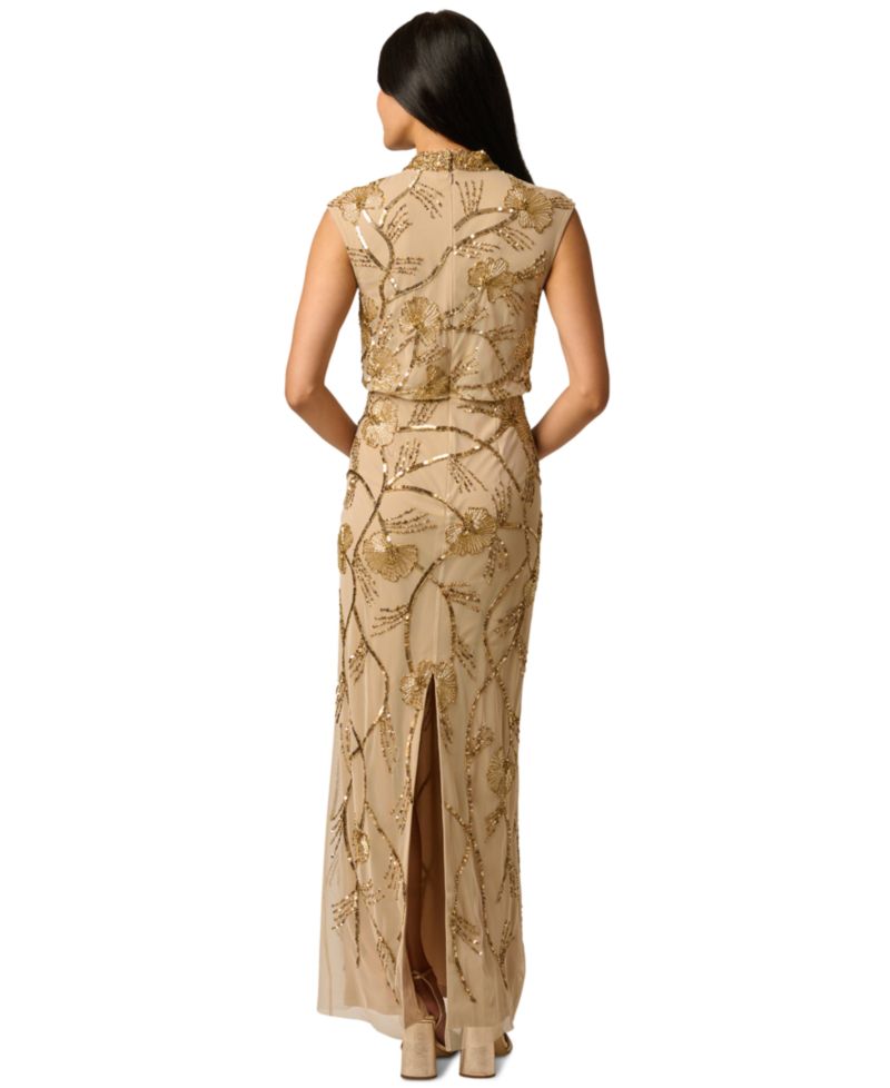 Women's Mock Neck Beaded Floral Gown
