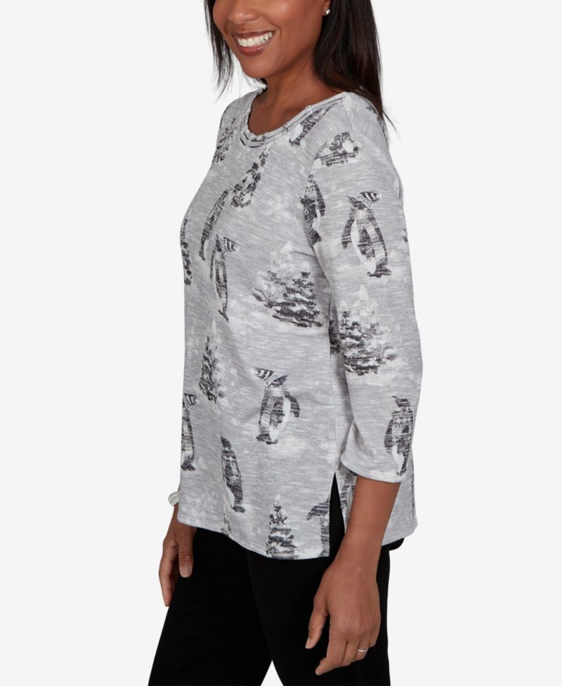 Petite Classic Penguins and Trees 3/4-Sleeve Holiday Knit Top