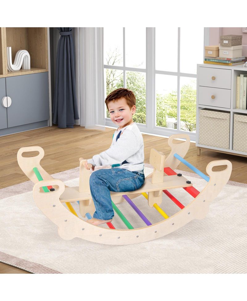 4 in 1 Kids Wooden Climbing Toy with Rocker and Crawling Tunnel