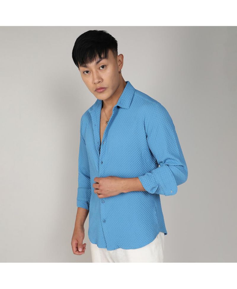 Men's Sky Blue Textured Micro Buffalo Check Shirt