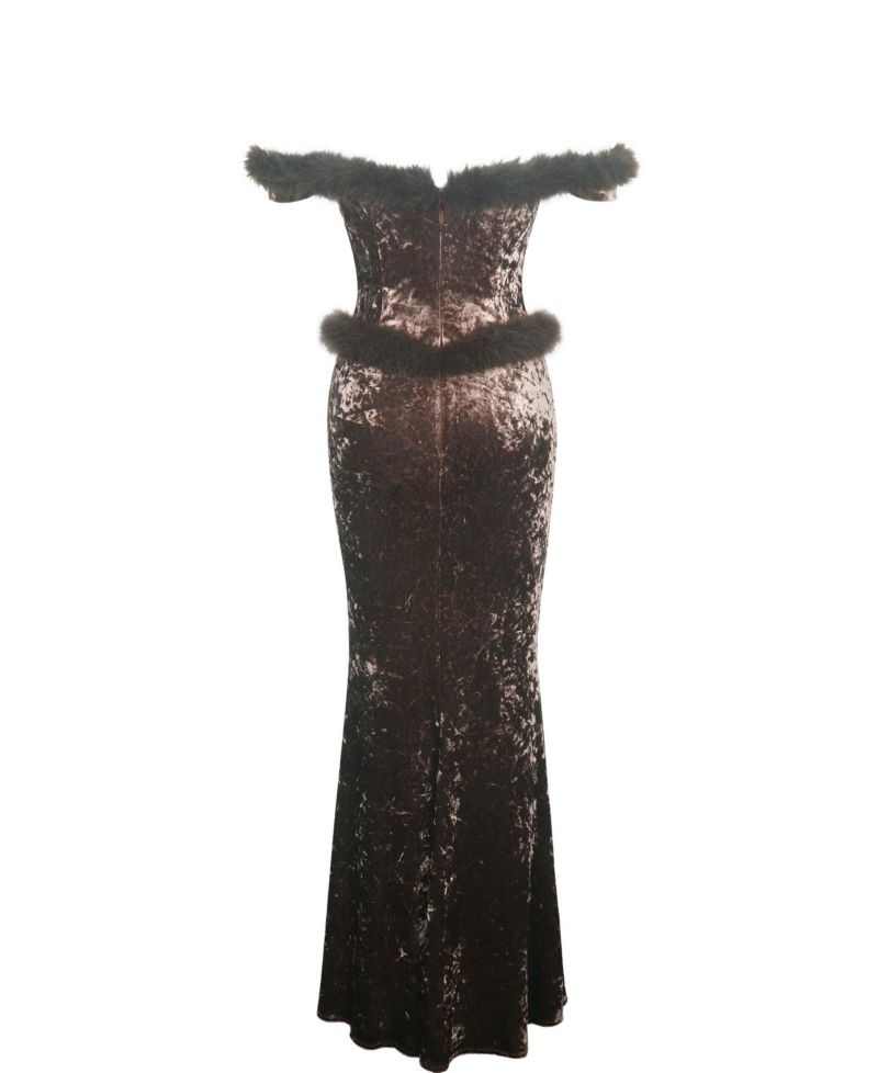 Women's Tessa Coffee Sweetheart Bardot Faux Fur Velvet Mermaid Maxi Dress