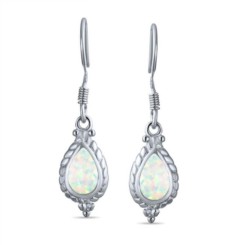 Vintage Style White Opal Teardrop Earrings .925 Sterling Silver Fish Hook