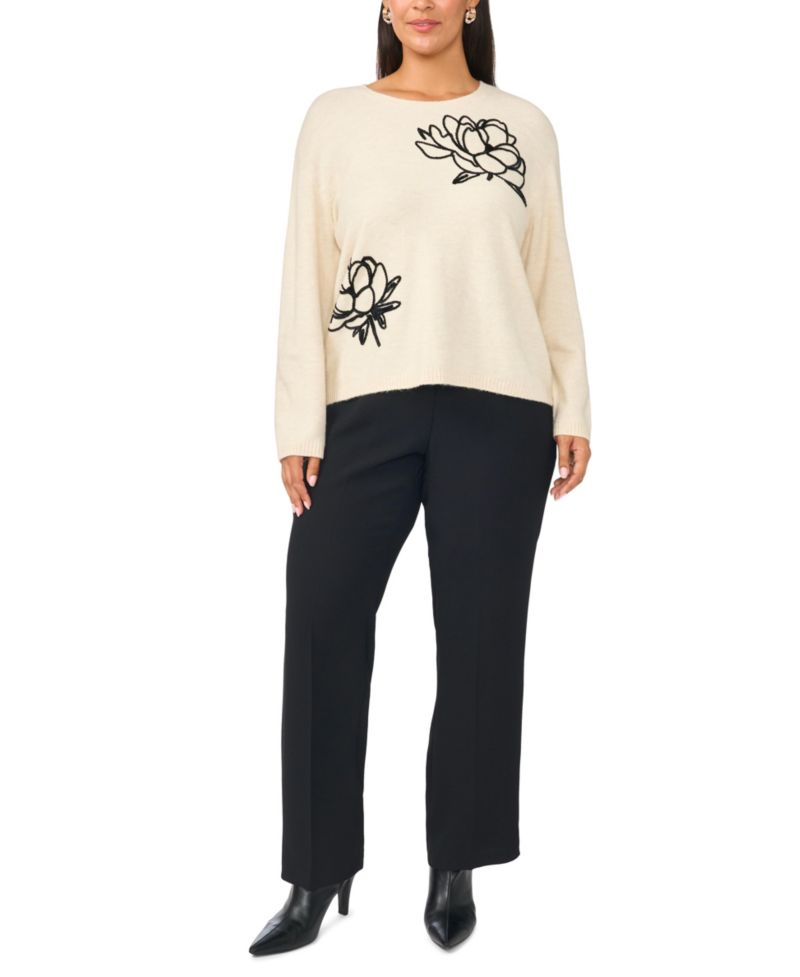 Plus Size Long-Sleeve Crewneck Floral-Chenille Embroidery Sweater