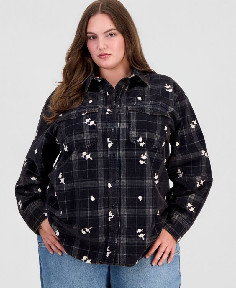 Trendy Plus Size Long-Sleeve Plaid Cord-Embroidered Blouse