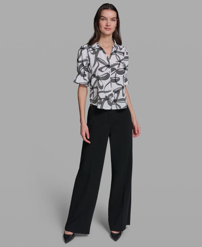 Petite Bow Print Collared Blouse
