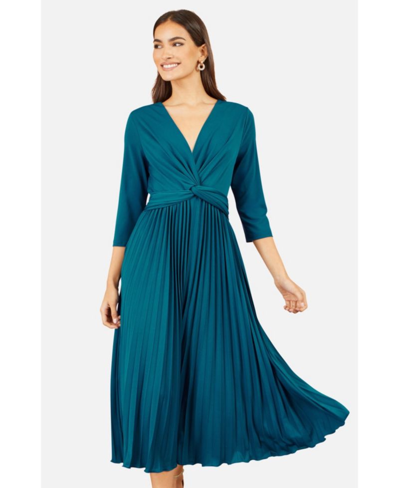 Women's Stretch Wrap Pleated Midi Dress