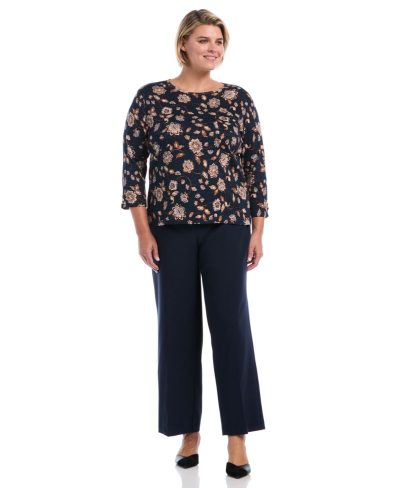 Plus Size Floral-Print 3/4-Sleeve Cotton Blouse