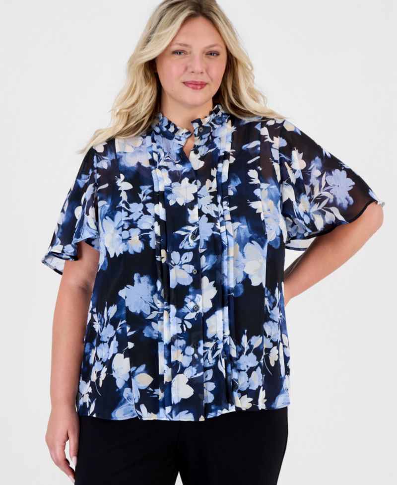 Plus Size Pleated-Placket Flutter-Sleeve Blouse