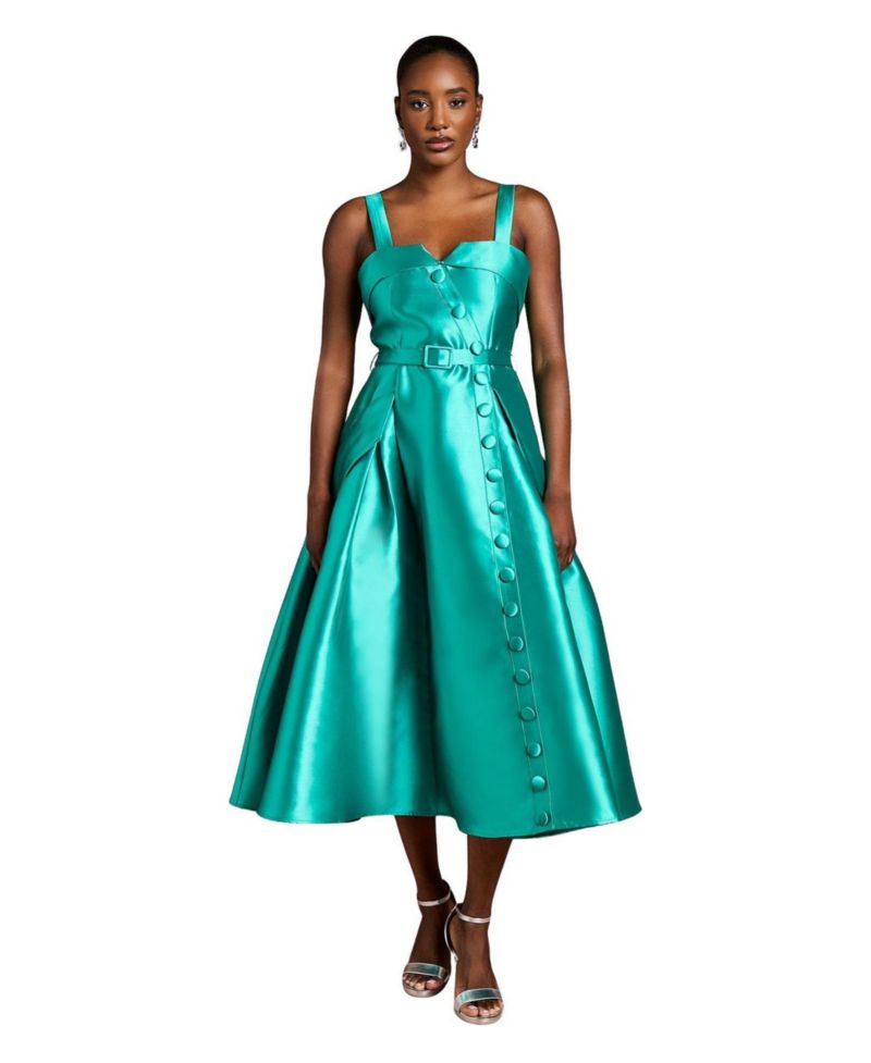 Women's Button-Trim Belted Full Skirt Midi Dress