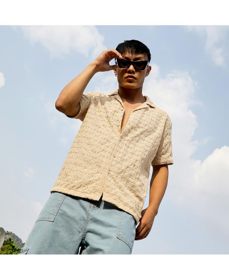 Men's Beige Embroidered Flora Shirt