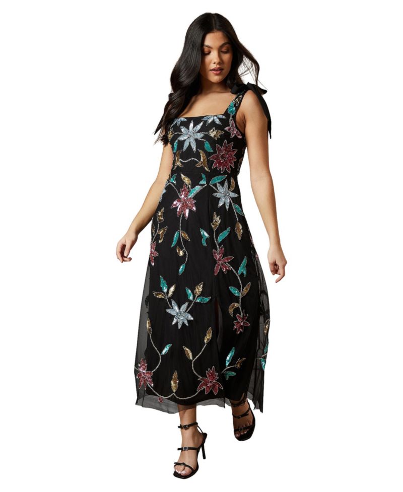 Women's Floral Embellished Split Midi Dress
