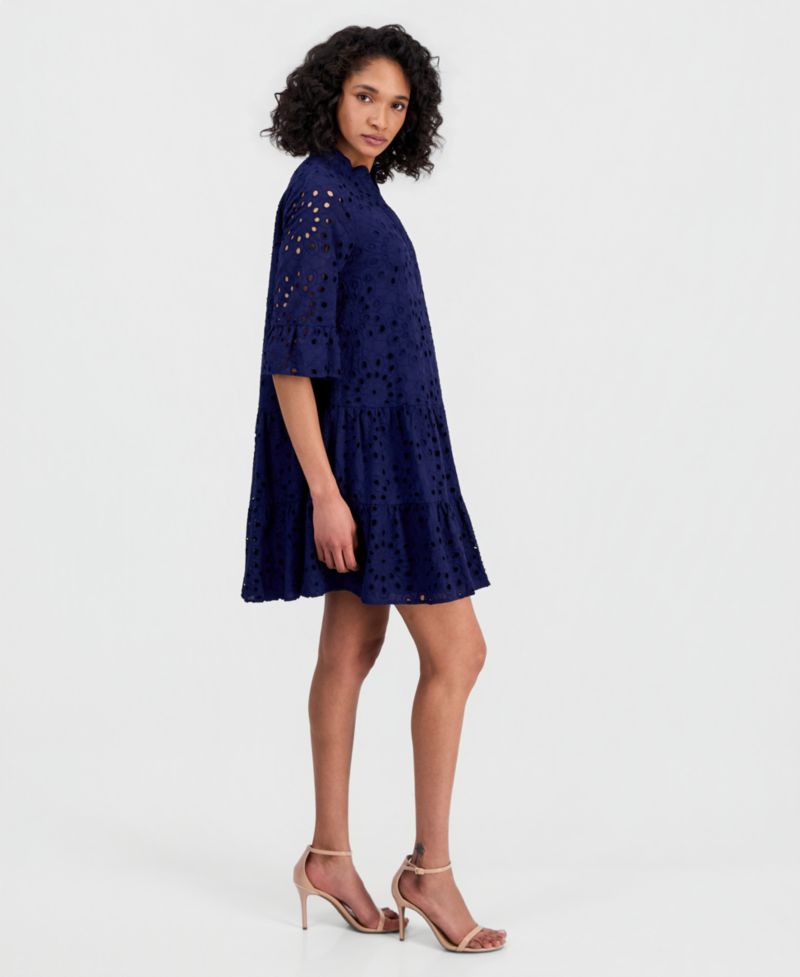 Women's Eyelet Embroidered Cotton Flare-Sleeve Shirtdress