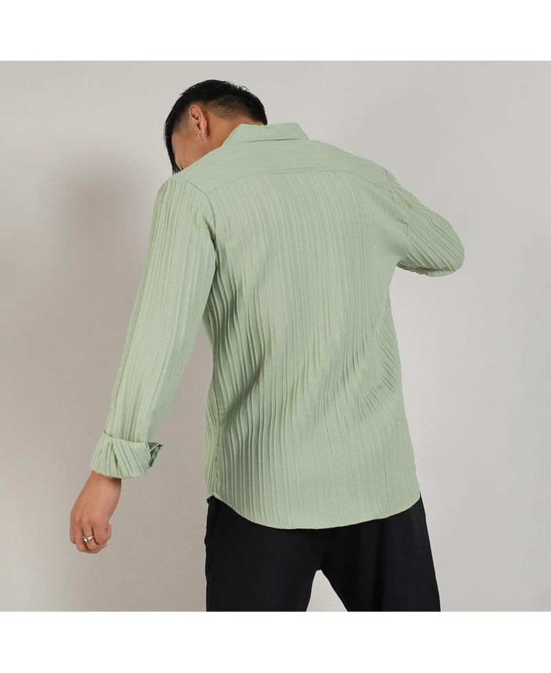Men's Pistachio Green Self-Design Striped Shirt