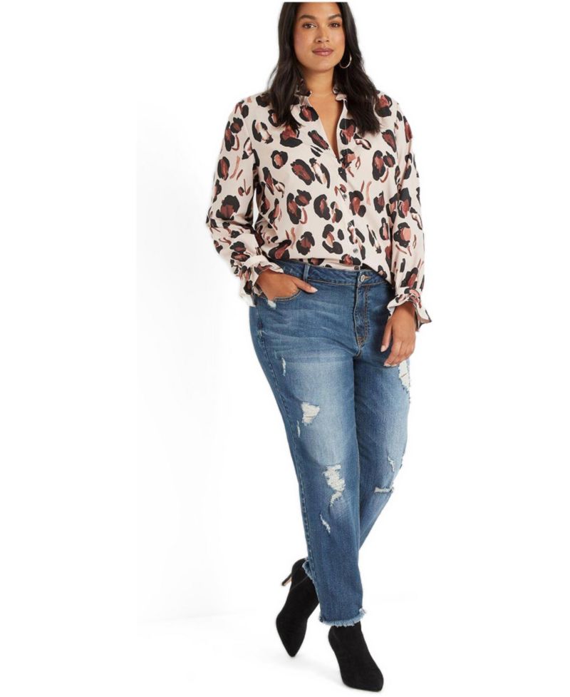 Women's Printed Button Down Shirt With Ruffle Neck