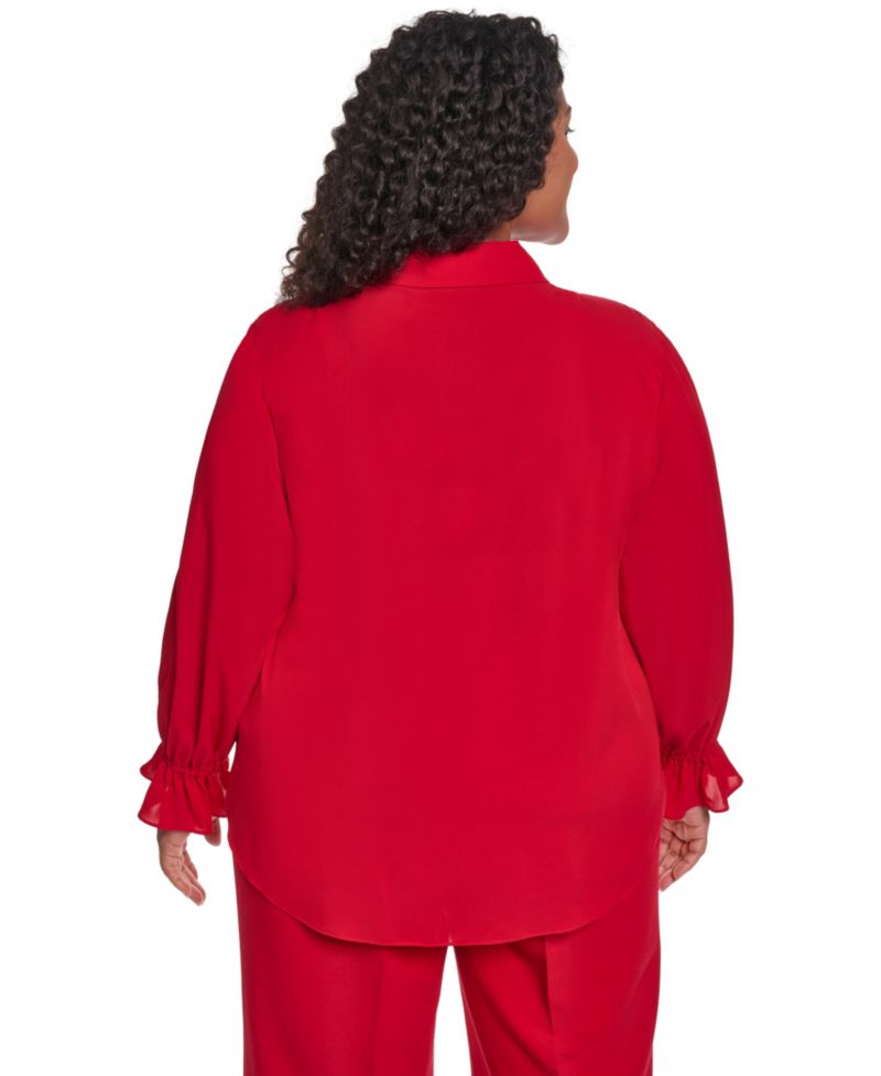 Plus Size Button-Up Ruffle-Trim Keyhole Blouse