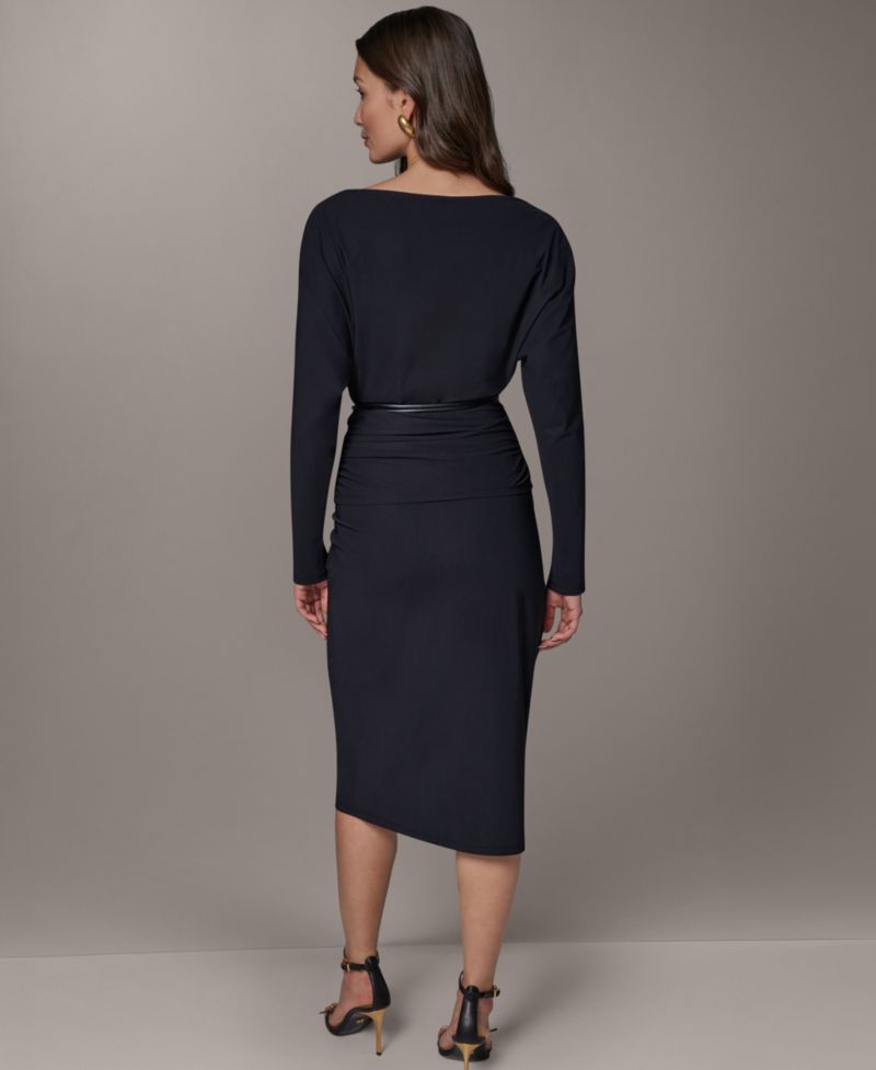 Two-Piece Long-Sleeve Draped Top & Pencil Skirt Set with Belt