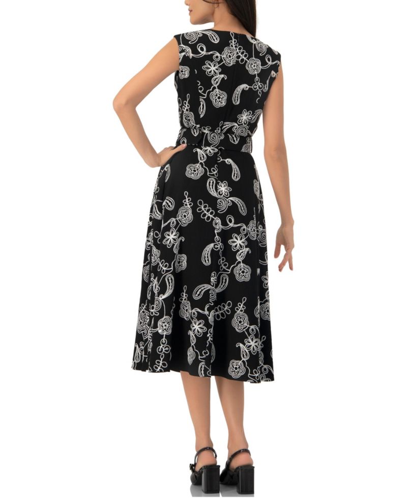 Women's Embroidered Belted Midi Dress