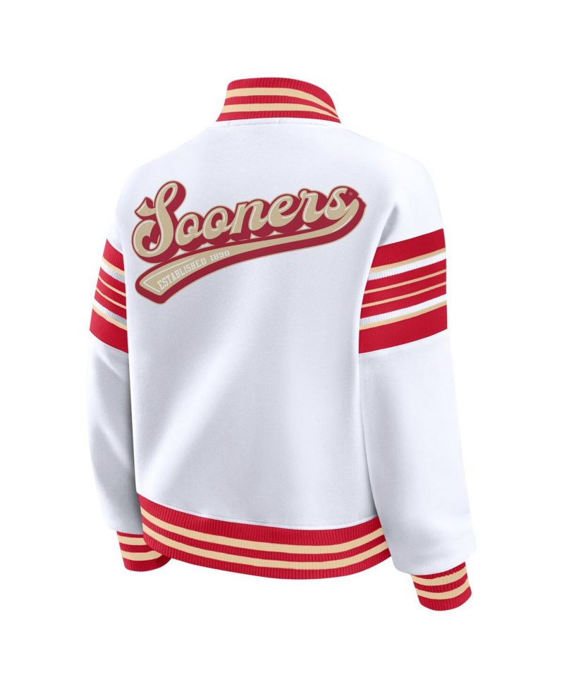 Women's White/Crimson Oklahoma Sooners Satin Stitch Full-Snap Fleece Sweatshirt Jacket