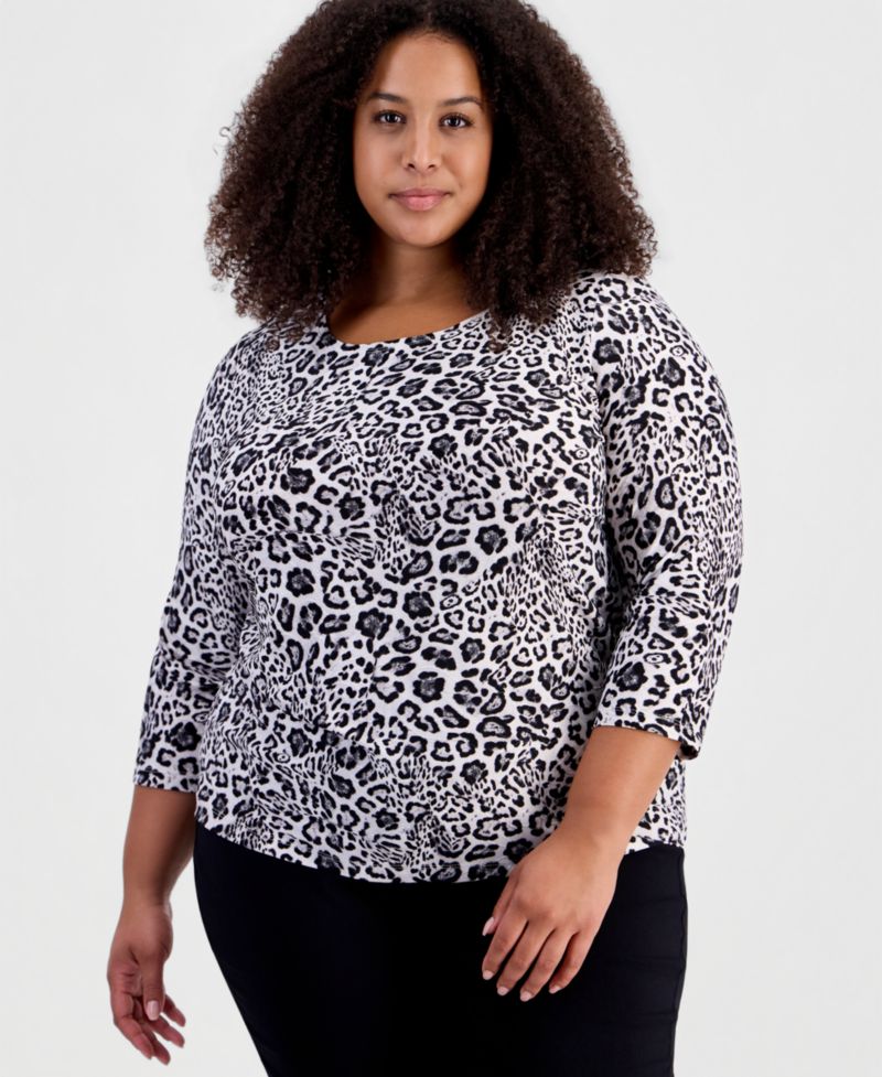 Petite Leopard-Print 3/4-Sleeve Scoop-Neck T-Shirt