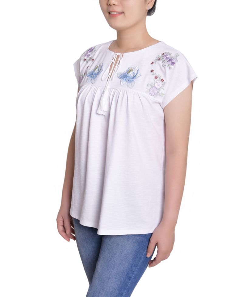 Petite Embroidered Yoke Extended Sleeve Top