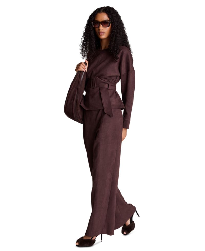 Women's Faux Suede High Rise Pull on Hollywood Waist Wide Leg Pant