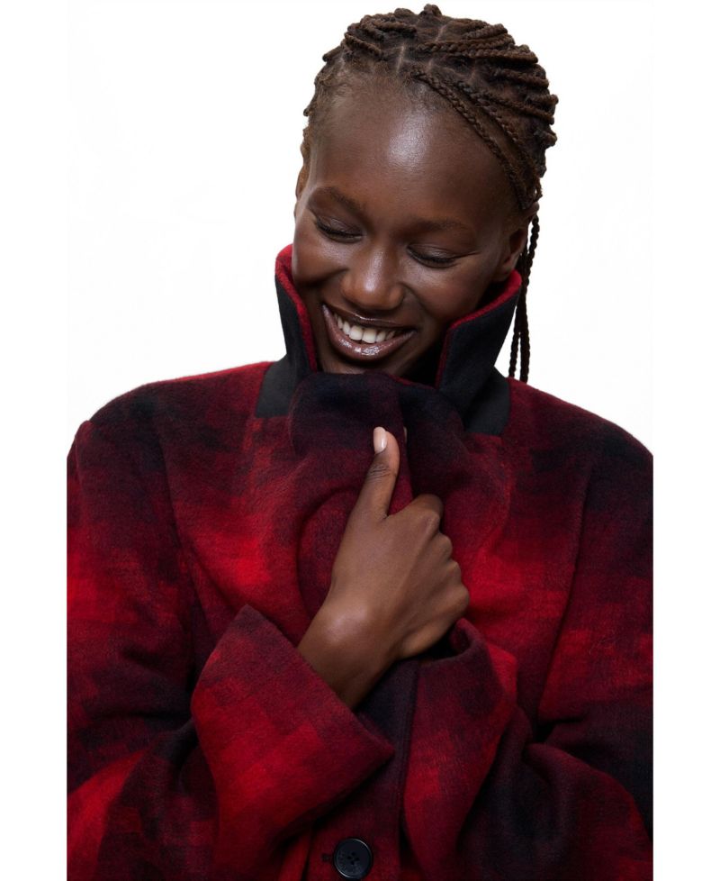 Women's Long Checked Coat with wool