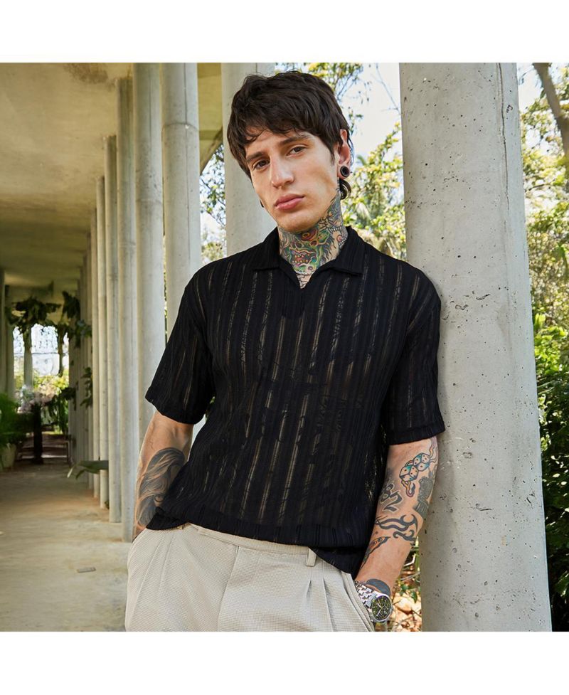 Men's Onyx Black Duo-Striped Relaxed Polo T-Shirt