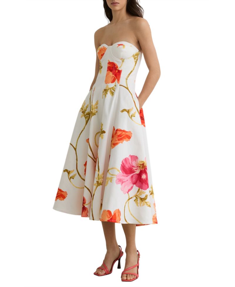 Women's Cotton Floral Bustier Midi Dress with Stretch