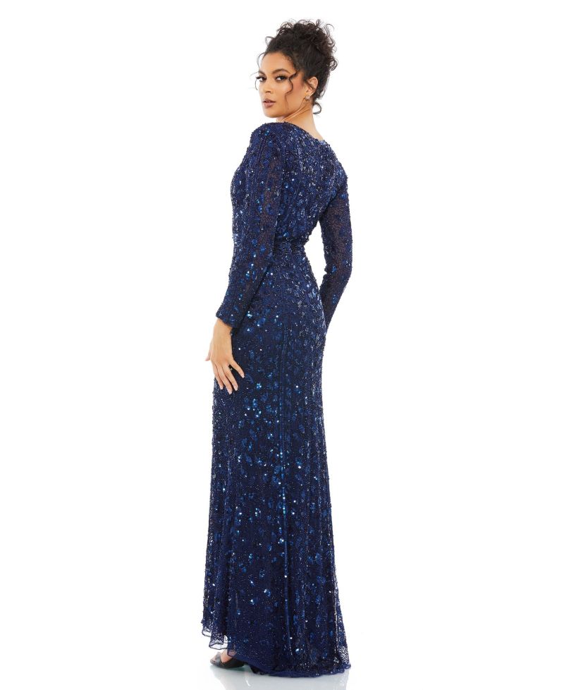Women's Embellished Long Sleeve V Neck Gown
