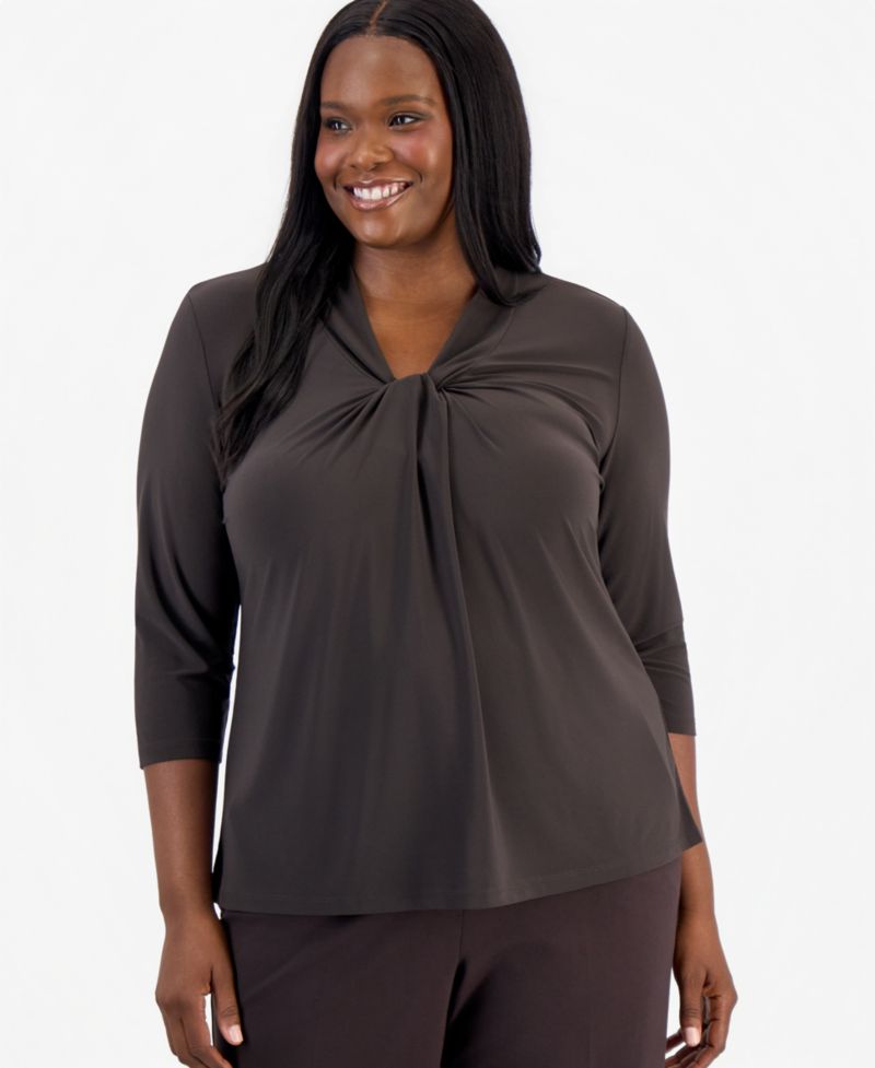 Plus Size Knot-Front 3/4-Sleeve Blouse